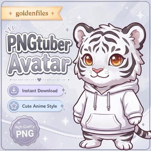 Puede incluir: Una ilustración digital de un personaje de tigre blanco con una sudadera con capucha blanca. La imagen presenta el texto "goldenfiles", "PNGtuber Avatar", "Instant Download", "Cute Anime Style" y "High Quality PNG" sobre un fondo morado claro.