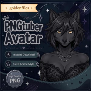 May include: A digital illustration of an anthropomorphic black wolf character with amber eyes, wearing a black lace top and a double-strand necklace. The image includes text reading goldenfiles, PNGtuber Avatar, Instant Download, and Cute Anime Style.