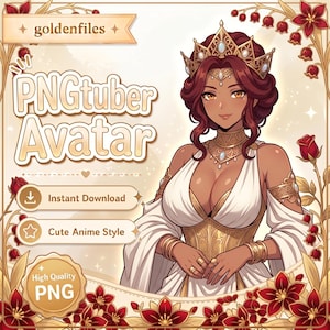 Peut inclure: Une illustration numérique de style anime représentant un personnage à la peau foncée et aux cheveux brun-roux ondulés, portant une couronne dorée, des bijoux dorés ornés et une robe blanche. Le texte indique goldenfiles, PNGtuber Avatar, Instant Download, Cute Anime Style, High Quality PNG.
