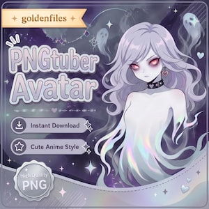 Könnte beinhalten: Ein digitaler PNGtuber-Avatar mit einer blassen, geisterhaften Figur mit langem hellviolettem Haar, leuchtend roten Augen, einem schwarzen Stachelhalsband und einem herzförmigen Ohrring. Die Grafik enthält den Text goldenfiles, PNGtuber Avatar, Instant Download, Cute Anime Style und High Quality PNG.