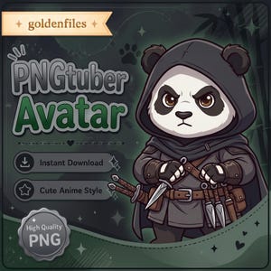 Könnte beinhalten: Eine digitale Illustration eines Pandacharakters mit dunklem Kapuzenumhang und Rüstung, der einen kleinen Dolch hält. Das Bild enthält den Text "goldenfiles", "PNGtuber Avatar", "Instant Download", "Cute Anime Style" und "High Quality PNG".