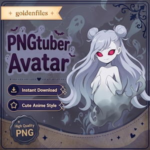 Könnte beinhalten: Eine digitale Illustration einer Geisterfigur mit langem hellgrauem Haar in zwei Dutts und leuchtend roten Augen. Der Hintergrund zeigt dunkle Lilatöne mit Geistersilhouetten, Fledermäusen und dem Text goldenfiles, PNGtuber Avatar, Instant Download, Cute Anime Style und High Quality PNG.