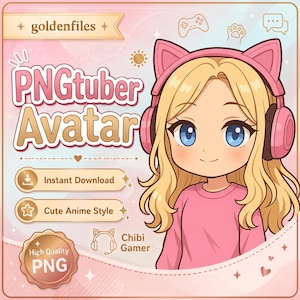 Könnte beinhalten: Eine digitale Illustration einer blonden Figur mit blauen Augen, die einen rosa Kopfhörer mit Katzenohren und ein rosa Langarmshirt trägt. Das Bild enthält den Text PNGtuber Avatar, Instant Download, Cute Anime Style, High Quality PNG und Chibi Gamer.