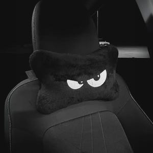 Black Fluffy Car Headrest Pillow Pair, Angry Eyes Seat Neck Rest, JDM Car Accessories, Auto Interior Decor, Gift for Car Enthusiasts