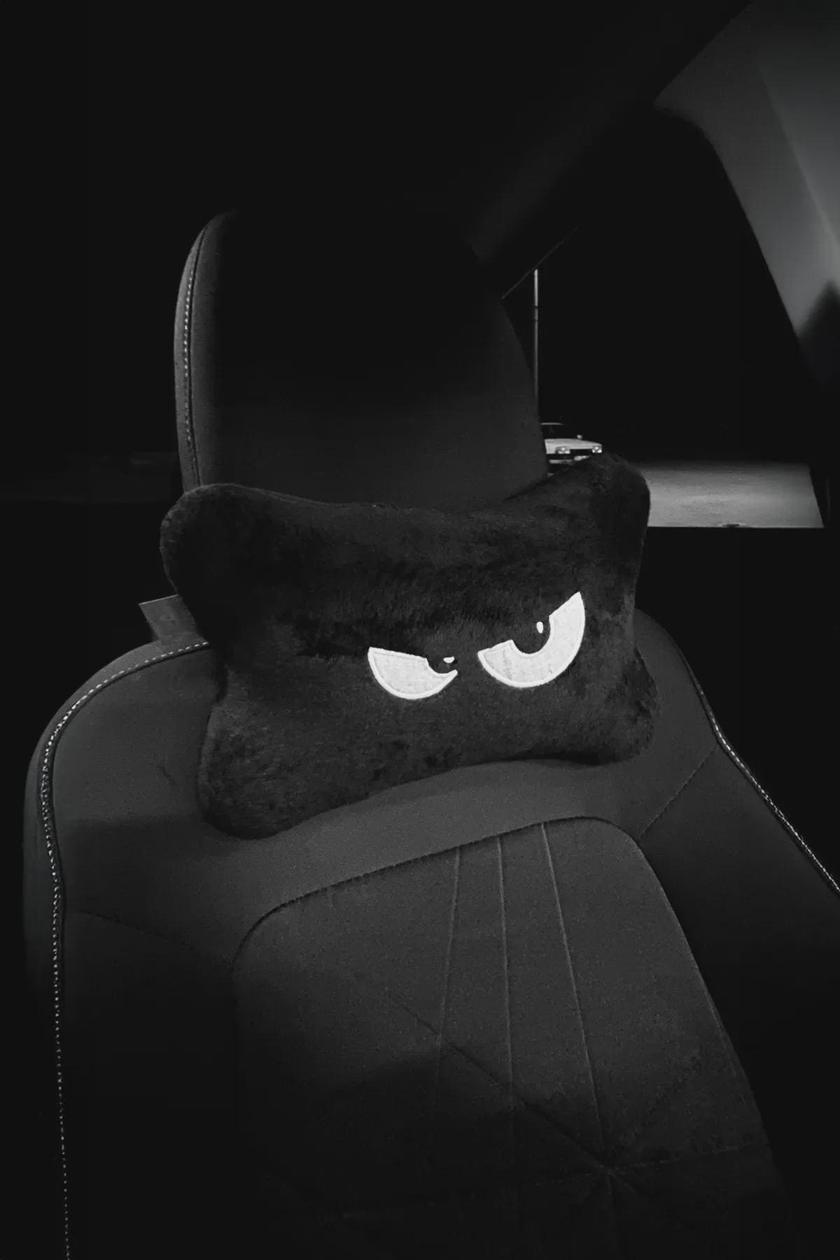 Black Fluffy Car Headrest Pillow Pair, Angry Eyes Seat Neck Rest, JDM Car Accessories, Auto Interior Decor, Gift for Car Enthusiasts