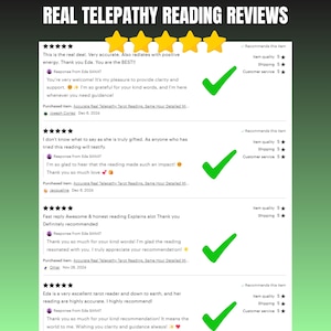 May include: Image of customer reviews for a telepathy reading service. The reviews are displayed on a green gradient background with five gold stars at the top. Each review includes a rating, a customer comment, and a checkmark.