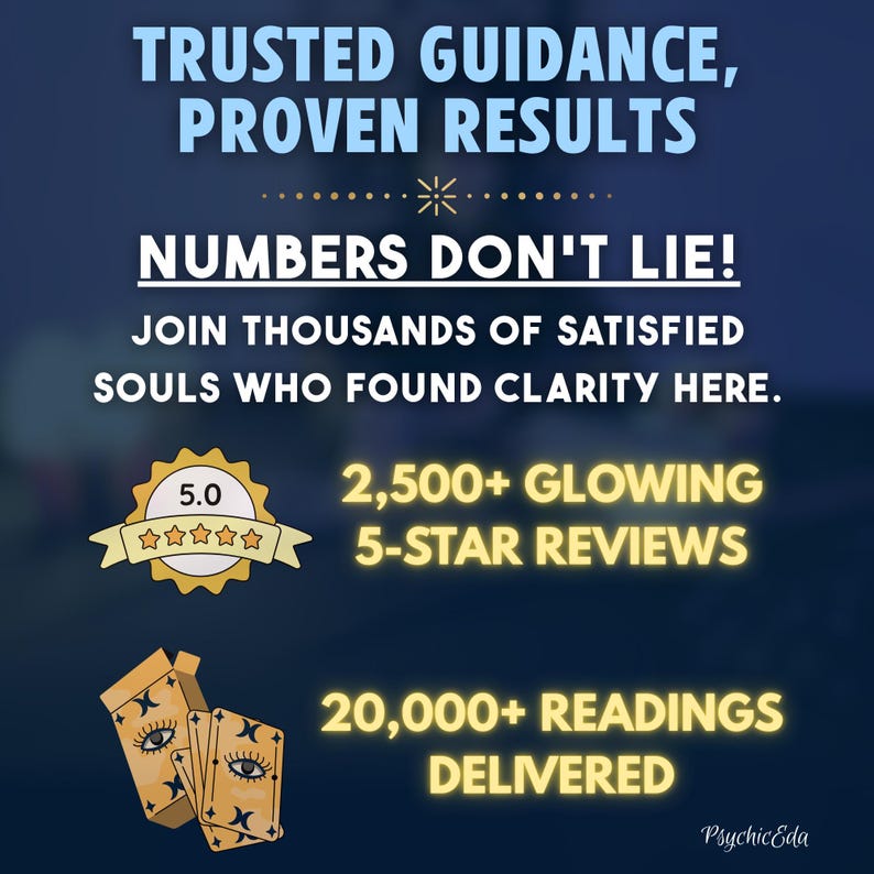 May include: An advertisement with a dark blue background features the text "TRUSTED GUIDANCE, PROVEN RESULTS" and "NUMBERS DON'T LIE!". It also includes a 5-star review badge, tarot cards, and the text "2,500+ GLOWING 5-STAR REVIEWS" and "20,000+ READINGS DELIVERED".