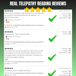 May include: Image of Etsy reviews for a telepathy reading service. The reviews are displayed on a green background with a white border. The reviews are positive, with five-star ratings and green checkmarks.