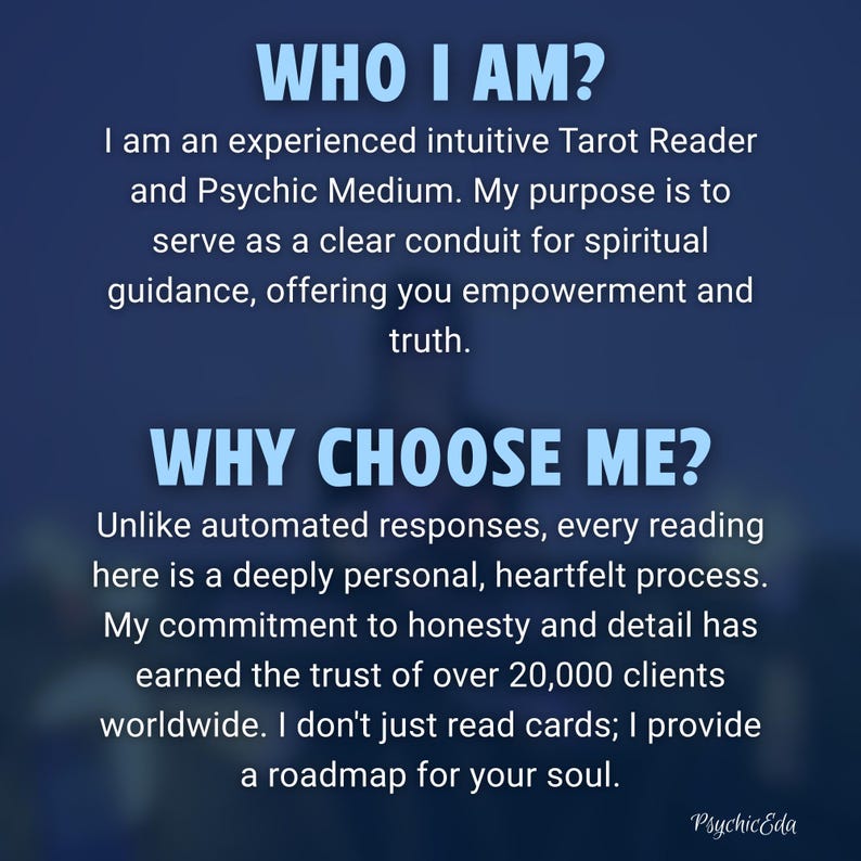 May include: A navy blue graphic with white text. The text reads "WHO I AM?" and "WHY CHOOSE ME?" The image describes an experienced intuitive Tarot Reader and Psychic Medium offering spiritual guidance and a roadmap for your soul.