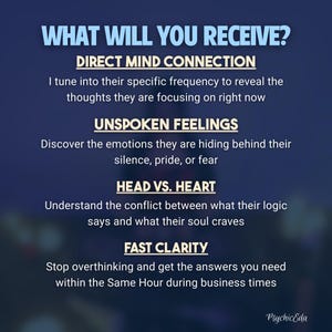 May include: A navy blue graphic with white text that reads "WHAT WILL YOU RECEIVE?" followed by bullet points: Direct Mind Connection, Unspoken Feelings, Head vs. Heart, and Fast Clarity. The Psychic Eda logo is in the bottom right corner.