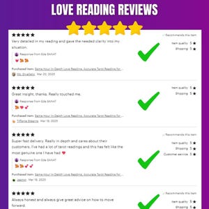 May include: A purple graphic with the text "LOVE READING REVIEWS" at the top, and customer reviews below. Each review includes a 5-star rating, a green tick, and the text "Recommends this item."