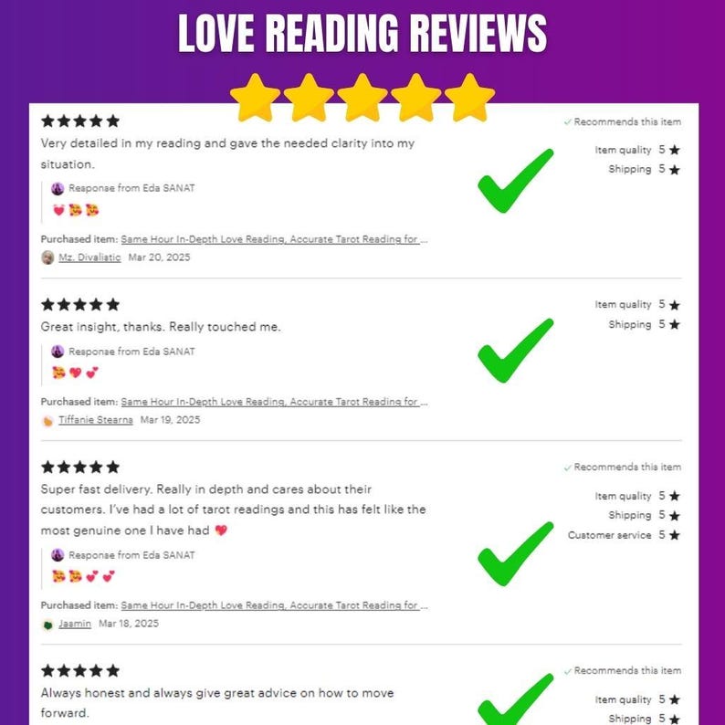 May include: A purple graphic with the text "LOVE READING REVIEWS" at the top, and customer reviews below. Each review includes a 5-star rating, a green tick, and the text "Recommends this item."