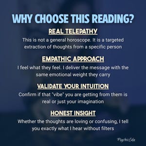 May include: A navy blue graphic with white text that reads "WHY CHOOSE THIS READING?" followed by four reasons: Real Telepathy, Empathetic Approach, Validate Your Intuition, and Honest Insight. The Psychic Eda logo is in the bottom right.