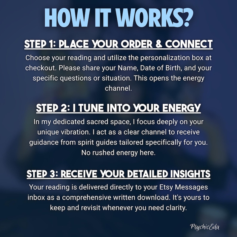 May include: A graphic with the title "HOW IT WORKS?" and three steps explaining the process: order and connect, tune into energy, and receive detailed insights. The text is in white against a dark blue background. The Psychic Eda logo is in the bottom right corner.