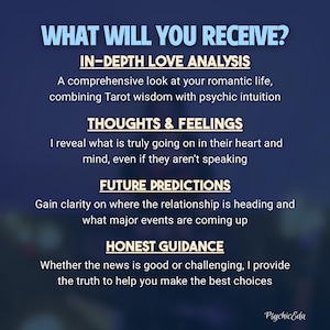 May include: A dark blue graphic with white text. The text reads "WHAT WILL YOU RECEIVE?" followed by descriptions of love analysis, thoughts and feelings, future predictions, and honest guidance. The graphic has a Psychic Eda signature.