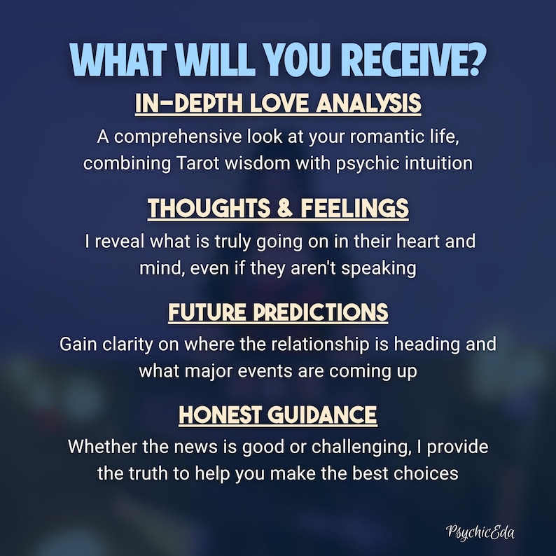 May include: A dark blue graphic with white text. The text reads "WHAT WILL YOU RECEIVE?" followed by descriptions of love analysis, thoughts and feelings, future predictions, and honest guidance. The graphic has a Psychic Eda signature.