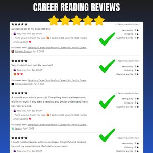May include: Image of customer reviews for career readings. The text at the top says "CAREER READING REVIEWS" with five gold stars. The reviews are positive, with green checkmarks and five-star ratings. The reviews mention the reader's name and the date of the reading.