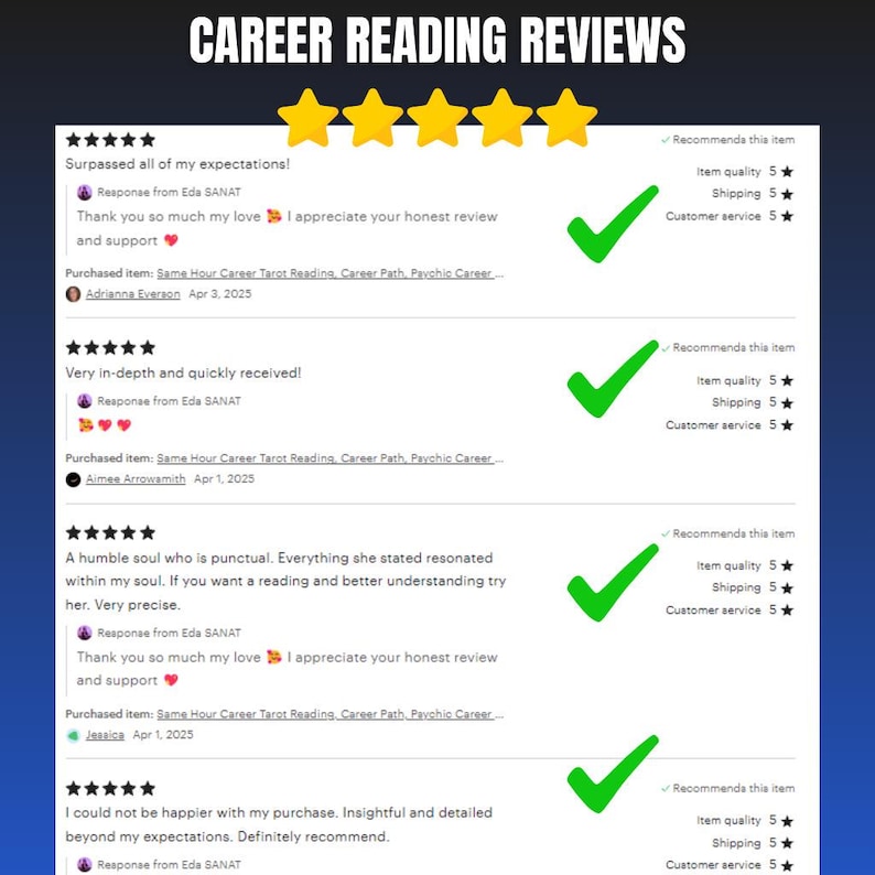 May include: Image of customer reviews for career readings. The text at the top says "CAREER READING REVIEWS" with five gold stars. The reviews are positive, with green checkmarks and five-star ratings. The reviews mention the reader's name and the date of the reading.