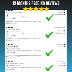 Puede incluir: La imagen muestra rese&ntilde;as de clientes con calificaciones de cinco estrellas y comentarios positivos. El texto en la parte superior dice "12 MONTHS READING REVIEWS". Cada rese&ntilde;a incluye una marca de verificaci&oacute;n verde, que indica satisfacci&oacute;n. Las rese&ntilde;as destacan la calidad del art&iacute;culo, el env&iacute;o y el servicio al cliente.
