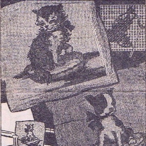 May include: A black and white illustration of a dog standing on a chair. The dog is looking to the right. The chair is in front of a framed picture of a cat. The picture is hanging on a wall.