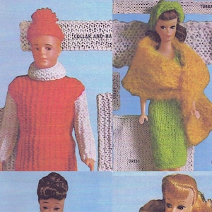 May include: Four knitted doll outfits, including a red sweater with white sleeves, a green dress with a yellow shawl, an orange dress with a matching cape, and a blue dress with a white collar. The outfits are displayed on a white background with swatches of the knitted fabric.