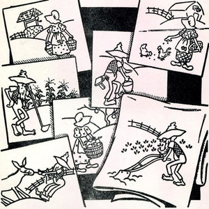 May include: A collection of black and white illustrations depicting farm life scenes. The images show figures engaged in various activities, such as tending to crops, feeding chickens, and drawing water from a well. The style is reminiscent of vintage cartoons.