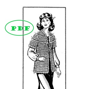May include: A black and white illustration of a woman wearing a crocheted jacket. The jacket has a textured, open-weave design. The woman is smiling and has her hair pulled back.