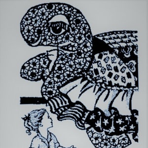 May include: A black and white illustration of a girl sitting on a cloud-like object, looking up at a large, intricate, black and white patterned creature with a large eye.