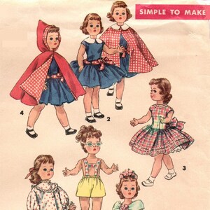 May include: A vintage sewing pattern for making doll clothes. The pattern includes six different outfits: a red hooded cape, a blue dress with a white collar, a plaid dress, a yellow and white jumpsuit, a green ball gown, and a red and white polka dot pajama set. The pattern is titled "Simple to Make".