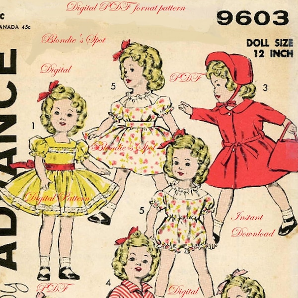 Digital Doll Clothing PATTERN 9603 for 12" Shirley Temple Judy Garland Lingerie Lou by Ideal 1940's for Little Girl dolls