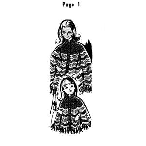 Puede incluir: Una ilustración en blanco y negro de una madre y un niño que llevan capas de ganchillo. El pie de foto dice "Diseño 7078, Página 1, Capas de ganchillo para madre e hijo".