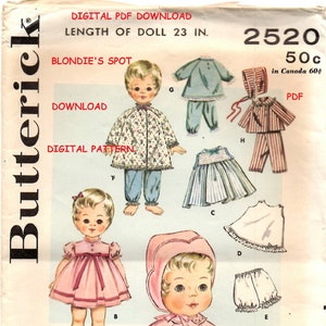 Kissey, Betsy Wetsy, Tiny Tears, Toodles DIGITAL PDF of Vintage Doll Clothes Pattern 2520 - 23" Baby doll or Toddler by Ideal of the 1950s