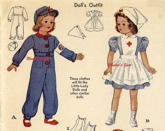 May include: A vintage doll outfit pattern with instructions for making clothes for a Little Lady doll. The pattern includes a nurse outfit, a sailor outfit, a dress with polka dots, a red coat, and a skirt. The pattern is printed on a white background with black text and illustrations.