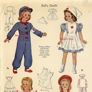 Könnte beinhalten: Ein Vintage-Puppenkleidungs-Muster mit Anleitungen zum Nähen von Kleidung für eine Little Lady-Puppe. Das Muster beinhaltet ein Krankenschwester-Outfit, ein Matrosen-Outfit, ein Kleid mit Punkten, einen roten Mantel und einen Rock. Das Muster ist auf weißem Hintergrund mit schwarzem Text und Illustrationen gedruckt.