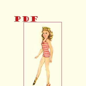 May include: A vintage illustration of a girl wearing a pink and white striped swimsuit with a flower crown. The illustration is in a retro style and is perfect for a vintage-themed project.