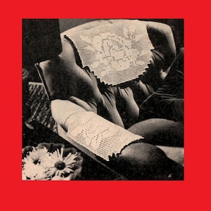 May include: A black and white image of two crocheted doilies, one square and one rectangular, with floral patterns. The doilies are placed on a person's arm and lap. A small vase of flowers is in the lower left corner.