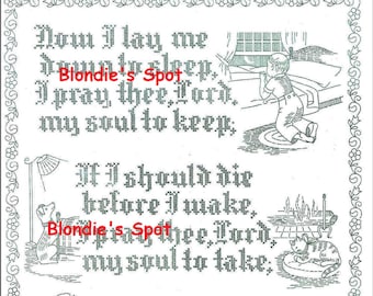Now I Lay Me Down to Sleep - Digital PDF Download - 2627 - Child's Prayer - Little Boy Praying with his Puppy & Kitten in Cross Stitch