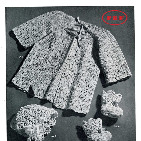 Modèle au crochet pour bébé MOTIFS 586 & 576 en NUMÉRIQUE - Fichier PDF Bonnet de kimono rétro et chaussons en points de coquille plus Comment crocheter les années 40