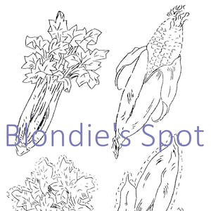 Digital Hand Embroidery iron on Transfer 704 Applique Vegetables Corn on the cob Cellery Squash Peas Parsnips Carrots Bell & Banana Pepper