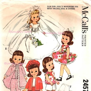 May include: Vintage McCall's pattern 2457 for a slim girl doll's wardrobe, including a wedding dress, pajamas, a skirt suit, shorts, and pants. The pattern features illustrations of the doll in various outfits. The size is 8 1/2 inches.