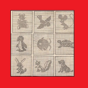 May include: A black and white image of nine different animal silhouettes, each in a square grid pattern. The animals include a penguin, a fish, a turtle, a crab, a windmill, a dog, a bird, a cat, and a squirrel.