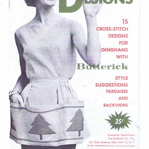 May include: A vintage cross-stitch design booklet featuring 15 patterns for gingham fabric. The cover shows a woman wearing a gingham dress with a cross-stitched apron. The booklet is published by Butterick and costs 35 cents.