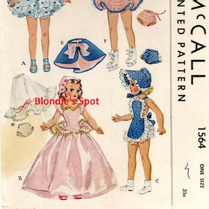 May include: Vintage McCall's sewing pattern for doll clothes, pattern number 1564, one size, fits the "Mary Hoyer" doll. The pattern includes a blue and white star print dress, a pink and white striped skating dress, a pink and blue princess dress, and a blue and white polka dot pinafore dress.