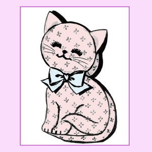 May include: A pink and white patterned cat with a blue bow. The cat is sitting with its head tilted and its eyes closed.
