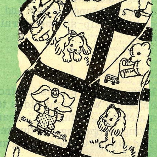 Baby Pet Quilt PATTERN 63" X 91" Hand Embroidery Puppy Elephant Teddy Bear Kitten 24 designs in PDF format Instant Download LW 778