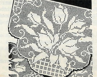 May include: Black and white image of a crochet pattern with floral designs. The pattern is made up of small squares and circles.