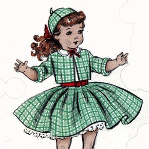 May include: A young girl wearing a green and white plaid dress with a red belt, a matching green and white plaid jacket, and a green hat with a red bow. She is wearing white shoes and has brown hair.