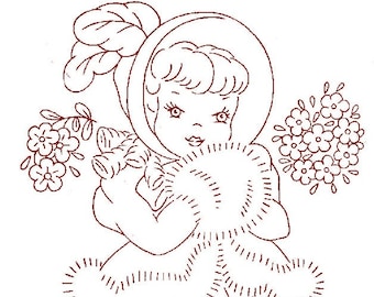 Digital 1950&#39;s Hand Embroidery Quilt PATTERN 12 Dolls of the month taken from Workbasket Magazine Santa&#39;s Helper June Bride Miss Liberty
