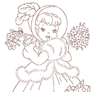 May include: A line drawing of a girl wearing a hat and a fur-trimmed coat, holding a bouquet of flowers. The drawing is in brown ink on a white background. The text "LITTLE MISS JANUARY" is at the bottom of the image.