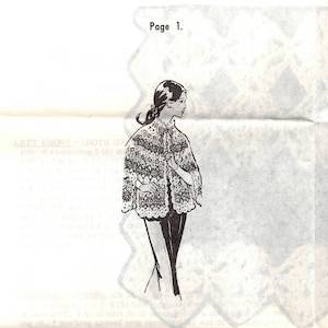 May include: A black and white illustration of a woman wearing a crocheted cape. The image is from a vintage crochet pattern book and includes the text "Design 7286" and "Page 1."